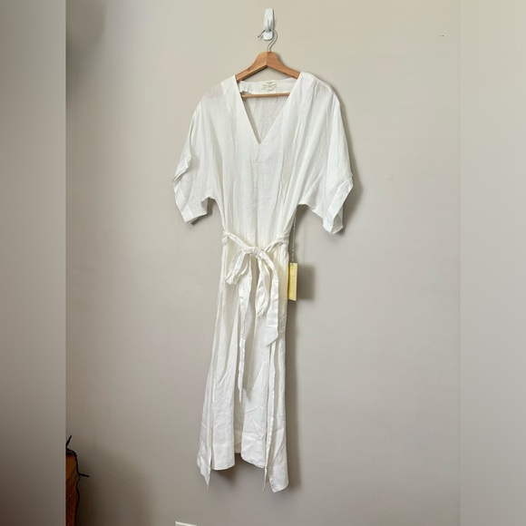 Birds of Paradis Beachy Coastal Style Ivory Linen V-Neck Belted Split Midi Dress - Picture 4 of 12